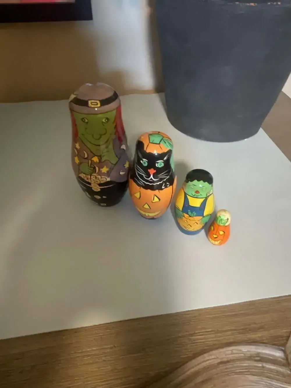Russian Matryoshka Wooden Nesting Dolls Halloween Witch Cat Monster 4-Piece